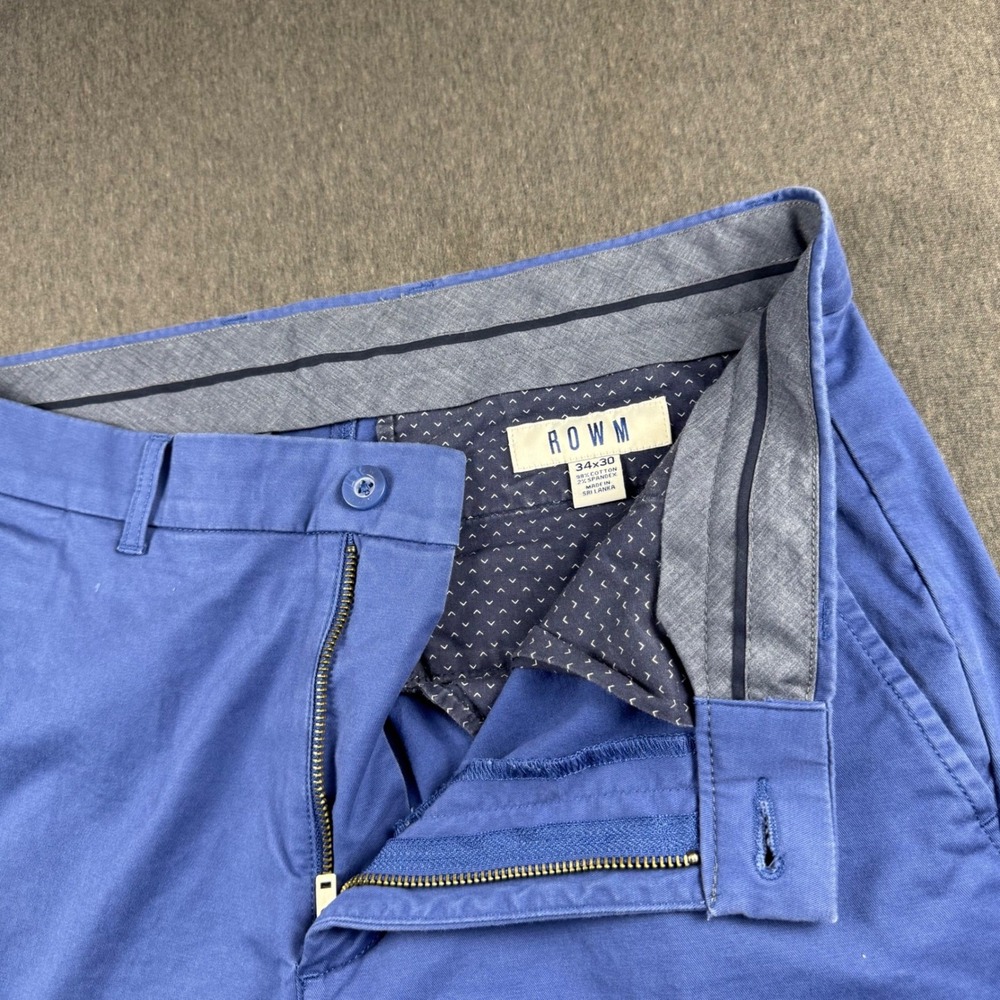 ROWM Mens Blue Stretch Cotton Chino Pants 34x30 Flat Front Casual Trousers